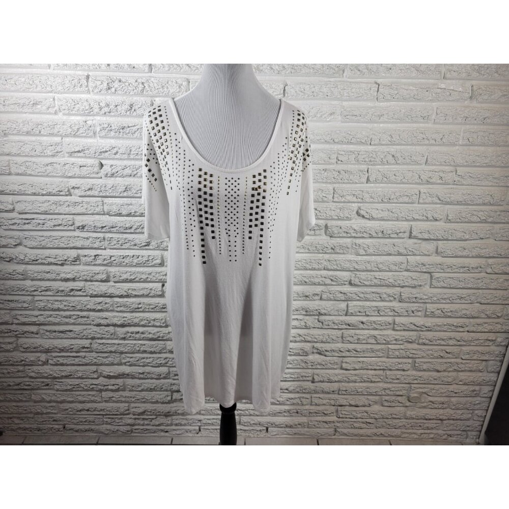 Faded Glory Womens Top 2X 18W 20W Plus Tunic Cap Sleeve White Studded WHI31E